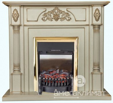 Электрокамин Comfort Flame (портал Версаль белый с золотой патиной, очаг Royal Flame Fobos FXM Brass) 