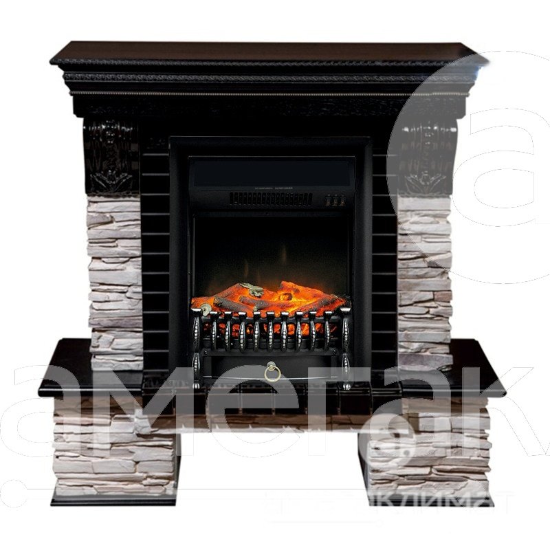 Электрокамин Comfort Flame (портал Stone-M сланец, очаг Real Flame Fobos Lux Black)